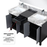 Zilara 55 in. Black and Grey  Freestanding Bathroom Vanity With Castle Grey Marble Tops, White Square Sinks, and Balzani Gun Metal Faucet Set