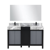 Zilara 55" Black and Grey Double Vanity, Castle Grey Marble Tops, White Square Sinks, Cascata Nera Matte Black Faucet Set, and 53" Frameless Mirror