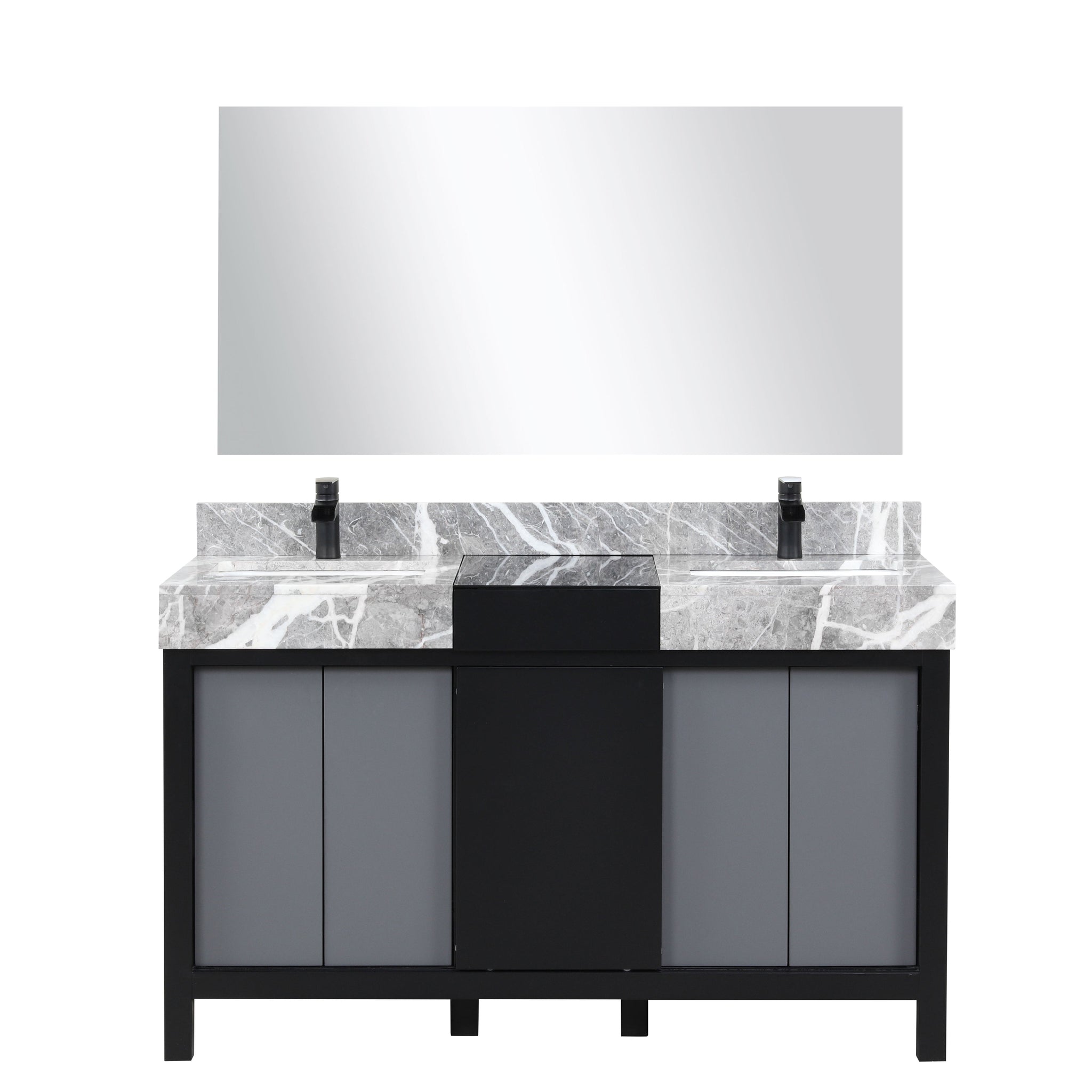 Zilara 55" Black and Grey Double Vanity, Castle Grey Marble Tops, White Square Sinks, Cascata Nera Matte Black Faucet Set, and 53" Frameless Mirror