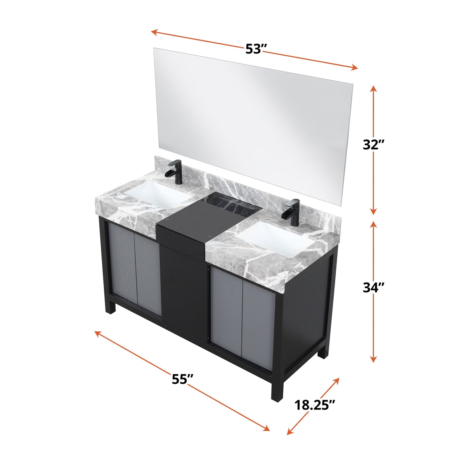 Zilara 55" Black and Grey Double Vanity, Castle Grey Marble Tops, White Square Sinks, Cascata Nera Matte Black Faucet Set, and 53" Frameless Mirror