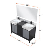 Zilara 55" Black and Grey Double Vanity, Castle Grey Marble Tops, White Square Sinks, Cascata Nera Matte Black Faucet Set, and 53" Frameless Mirror