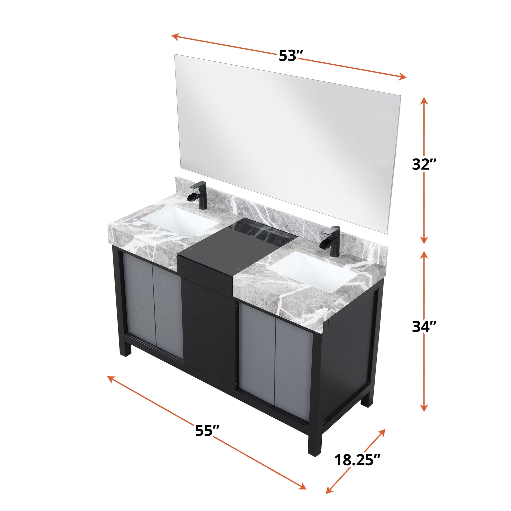 Zilara 55" Black and Grey Double Vanity, Castle Grey Marble Tops, White Square Sinks, Cascata Nera Matte Black Faucet Set, and 53" Frameless Mirror