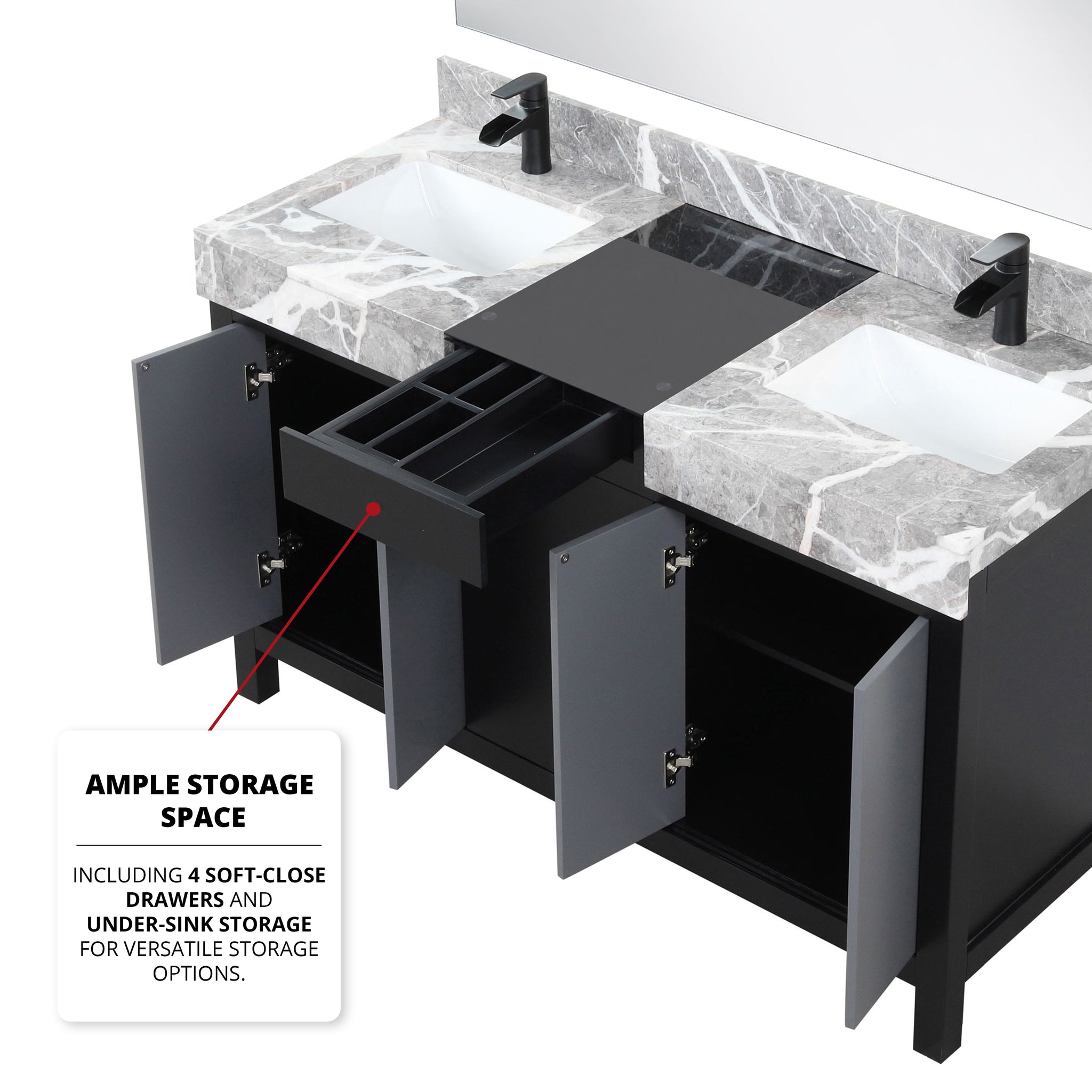 Zilara 55" Black and Grey Double Vanity, Castle Grey Marble Tops, White Square Sinks, Cascata Nera Matte Black Faucet Set, and 53" Frameless Mirror