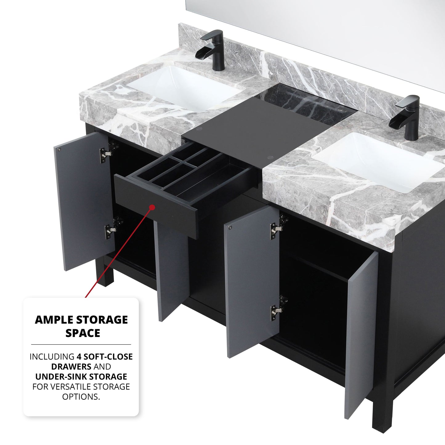 Zilara 55 in. Black and Grey  Freestanding Bathroom Vanity With Castle Grey Marble Tops, White Square Sinks, and Cascata Nera Matte Black Faucet Set