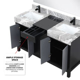 Zilara 55 in. Black and Grey  Freestanding Bathroom Vanity With Castle Grey Marble Tops, White Square Sinks, and Cascata Nera Matte Black Faucet Set