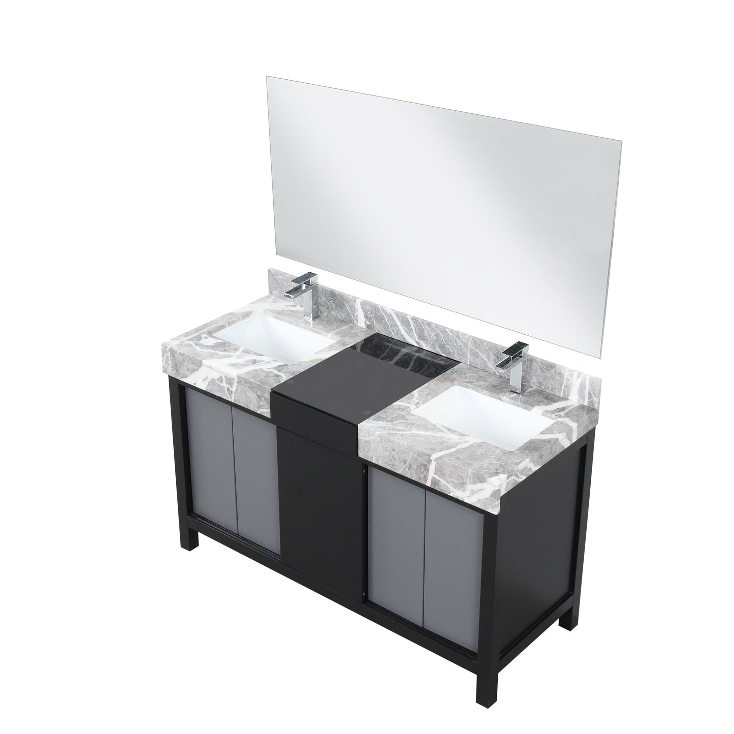 Zilara 55" Black and Grey Double Vanity, Castle Grey Marble Tops, White Square Sinks, Monte Chrome Faucet Set, and 53" Frameless Mirror
