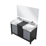 Zilara 55" Black and Grey Double Vanity, Castle Grey Marble Tops, White Square Sinks, Monte Chrome Faucet Set, and 53" Frameless Mirror