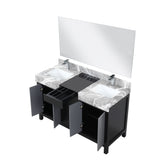 Zilara 55" Black and Grey Double Vanity, Castle Grey Marble Tops, White Square Sinks, Monte Chrome Faucet Set, and 53" Frameless Mirror