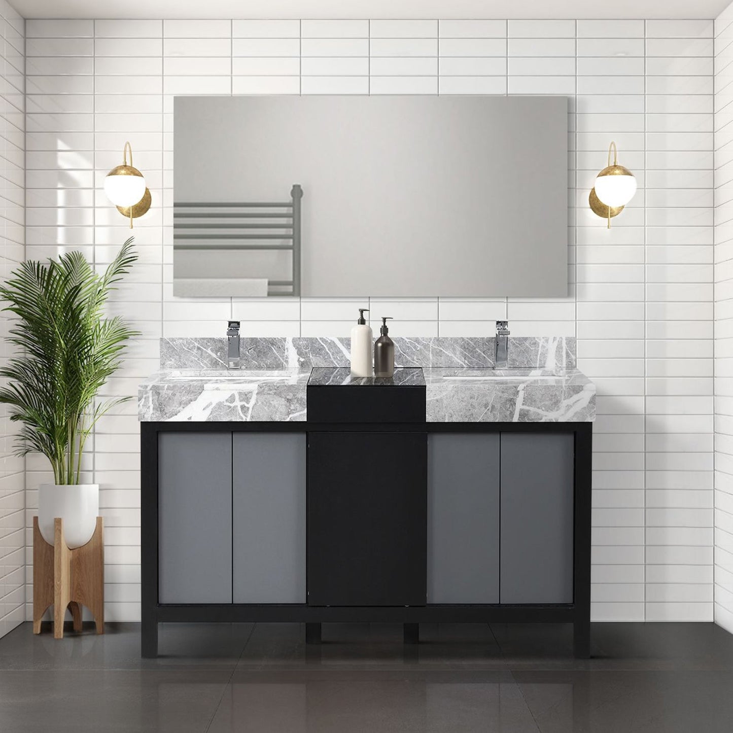 Zilara 55" Black and Grey Double Vanity, Castle Grey Marble Tops, White Square Sinks, and 53" Frameless Mirror