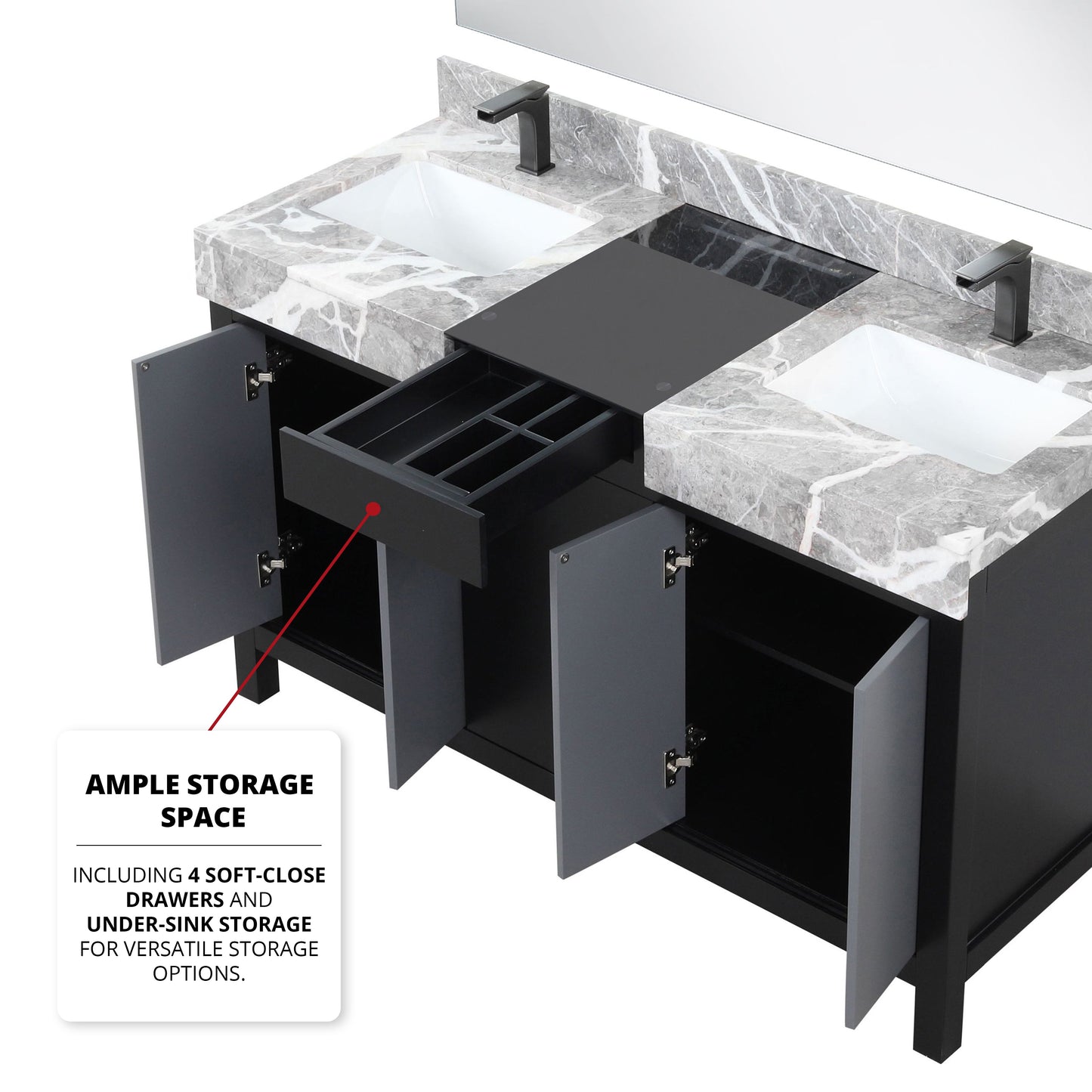Zilara 55" Black and Grey Double Vanity, Castle Grey Marble Tops, White Square Sinks, Monte Chrome Faucet Set, and 53" Frameless Mirror