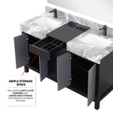 Zilara 55" Black and Grey Double Vanity, Castle Grey Marble Tops, White Square Sinks, Monte Chrome Faucet Set, and 53" Frameless Mirror