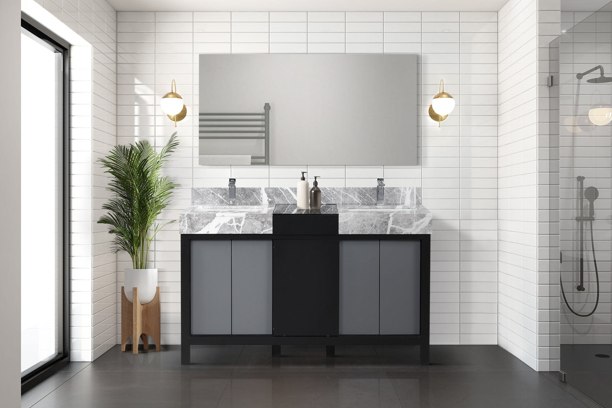Zilara 55 in. Black and Grey  Freestanding Bathroom Vanity With Castle Grey Marble Tops, White Square Sinks, and Monte Chrome Faucet Set
