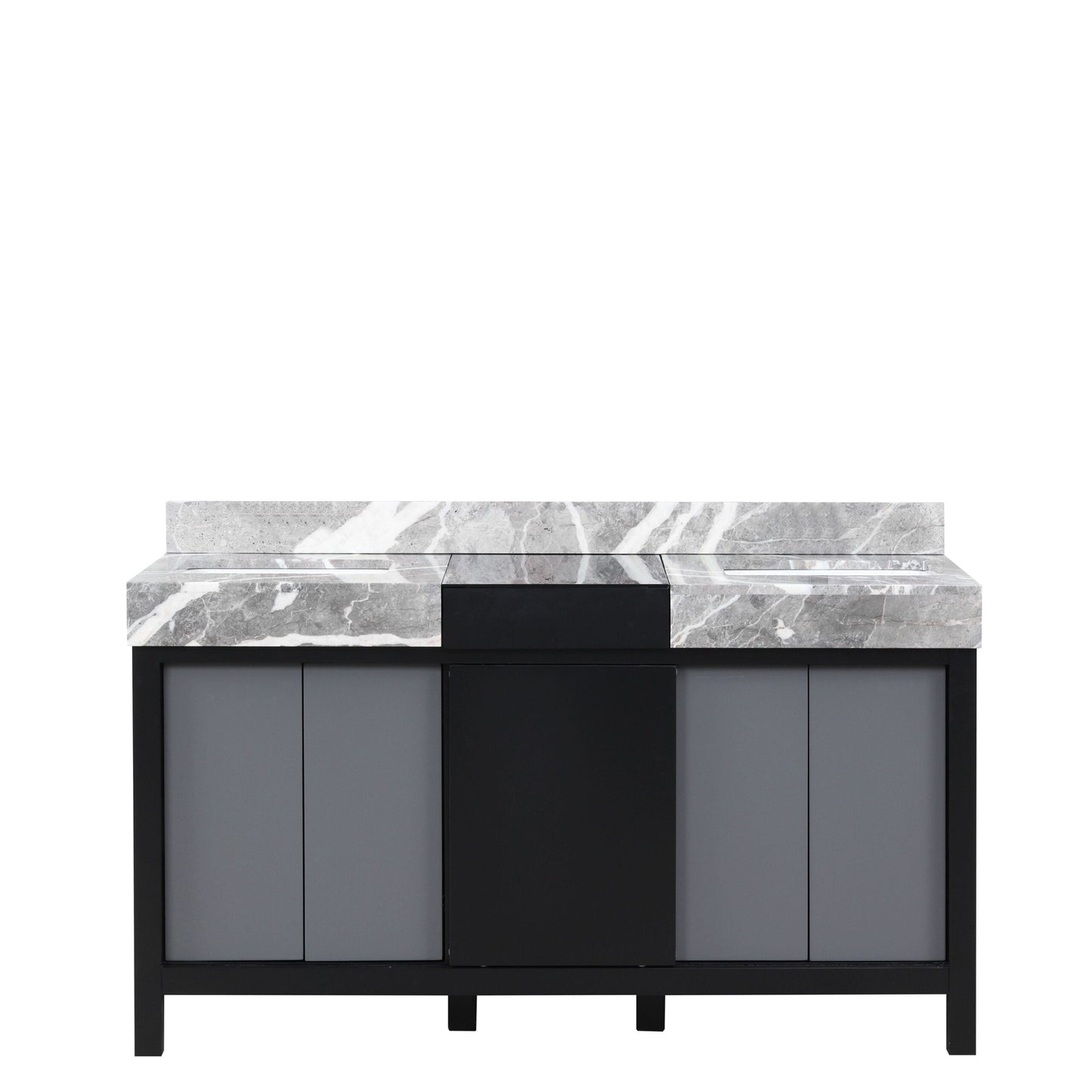 Zilara 60 in. Black and Grey  Freestanding Bathroom Vanity With Castle Grey Marble Tops, and White Square Sinks