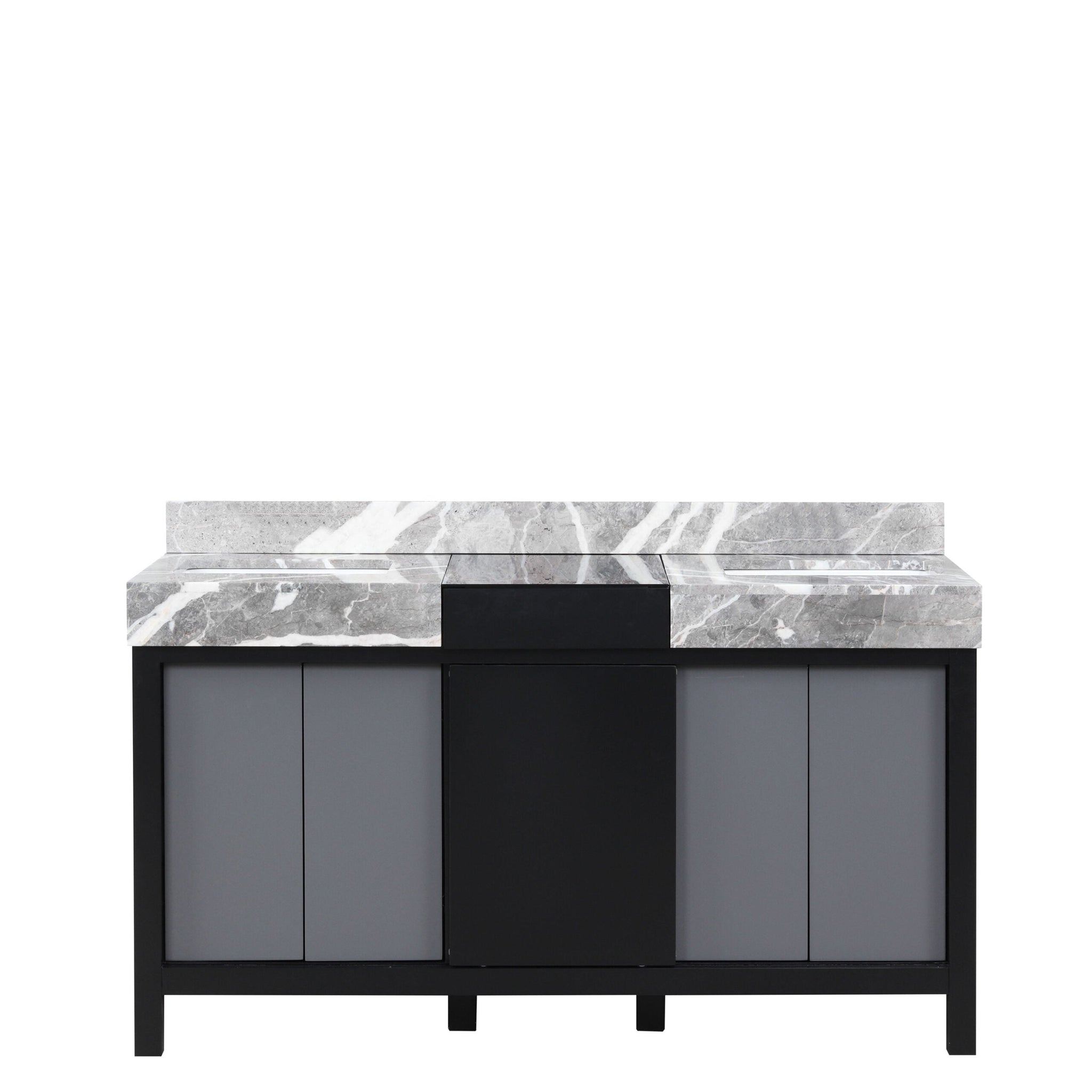 Zilara 60 in. Black and Grey  Freestanding Bathroom Vanity With Castle Grey Marble Tops, and White Square Sinks