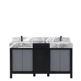 Zilara 60 in. Black and Grey  Freestanding Bathroom Vanity With Castle Grey Marble Tops, White Square Sinks, and Balzani Gun Metal Faucet Set