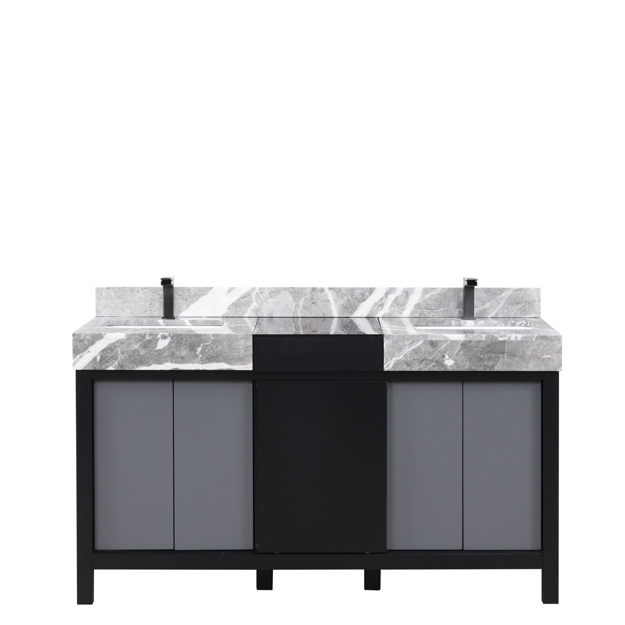 Zilara 60 in. Black and Grey  Freestanding Bathroom Vanity With Castle Grey Marble Tops, White Square Sinks, and Balzani Gun Metal Faucet Set