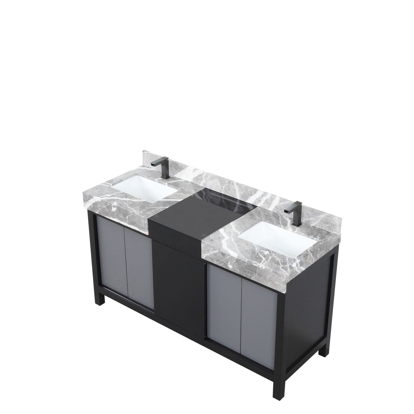 Zilara 60 in. Black and Grey  Freestanding Bathroom Vanity With Castle Grey Marble Tops, White Square Sinks, and Balzani Gun Metal Faucet Set