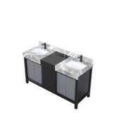 Zilara 60 in. Black and Grey  Freestanding Bathroom Vanity With Castle Grey Marble Tops, White Square Sinks, and Balzani Gun Metal Faucet Set
