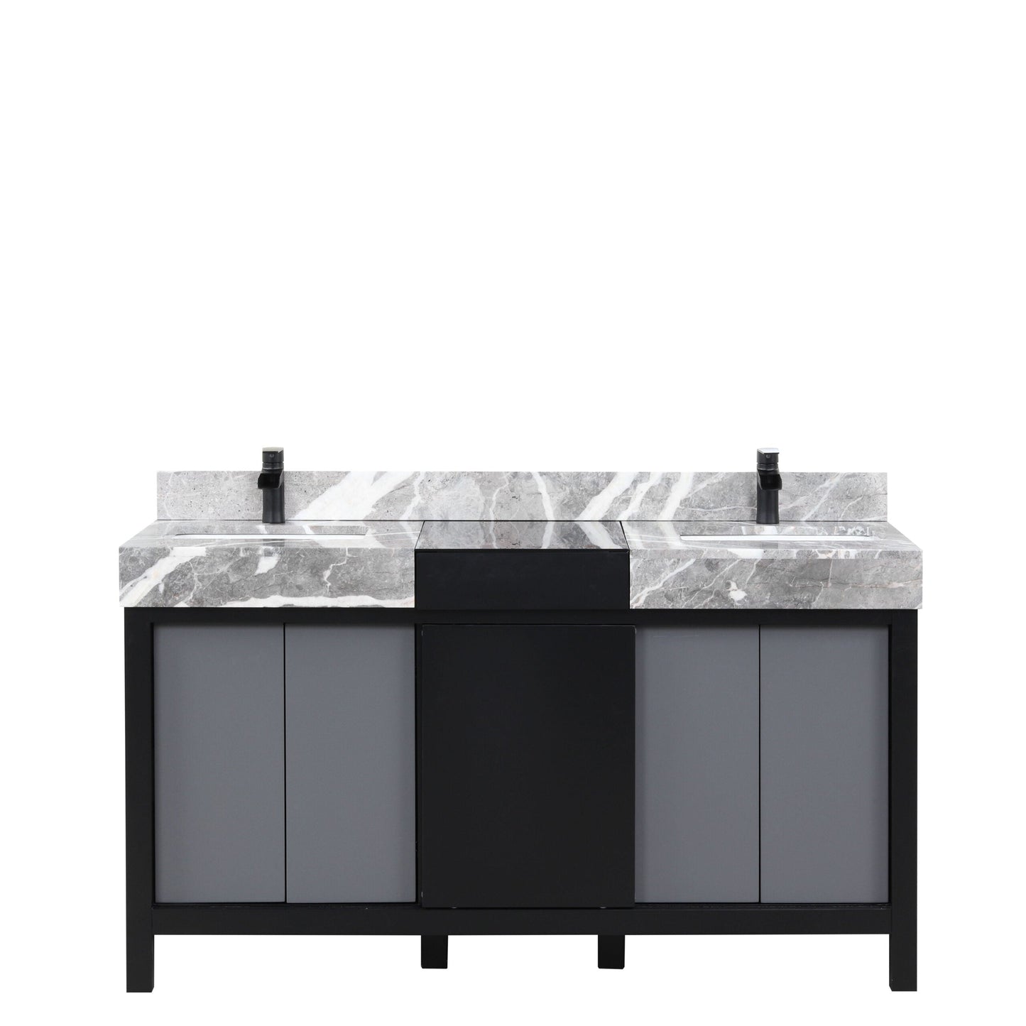 Zilara 60 in. Black and Grey  Freestanding Bathroom Vanity With Castle Grey Marble Tops, White Square Sinks, and Cascata Nera Matte Black Faucet Set