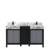 Zilara 60 in. Black and Grey  Freestanding Bathroom Vanity With Castle Grey Marble Tops, White Square Sinks, and Cascata Nera Matte Black Faucet Set