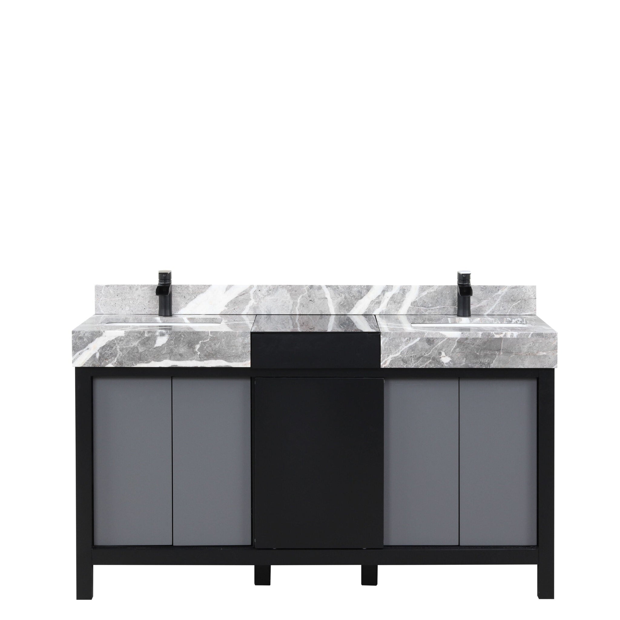 Zilara 60 in. Black and Grey  Freestanding Bathroom Vanity With Castle Grey Marble Tops, White Square Sinks, and Cascata Nera Matte Black Faucet Set
