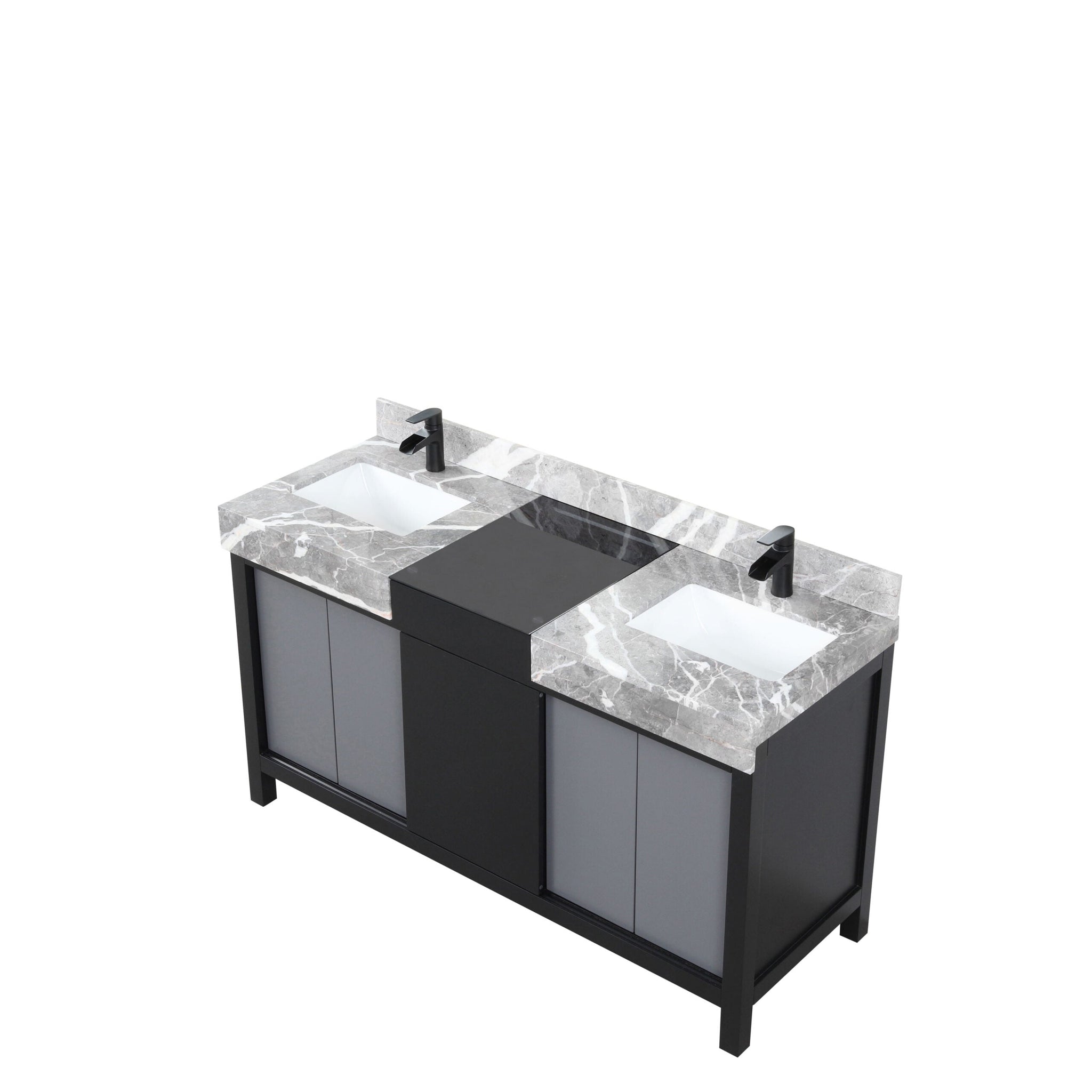 Zilara 60 in. Black and Grey  Freestanding Bathroom Vanity With Castle Grey Marble Tops, White Square Sinks, and Cascata Nera Matte Black Faucet Set