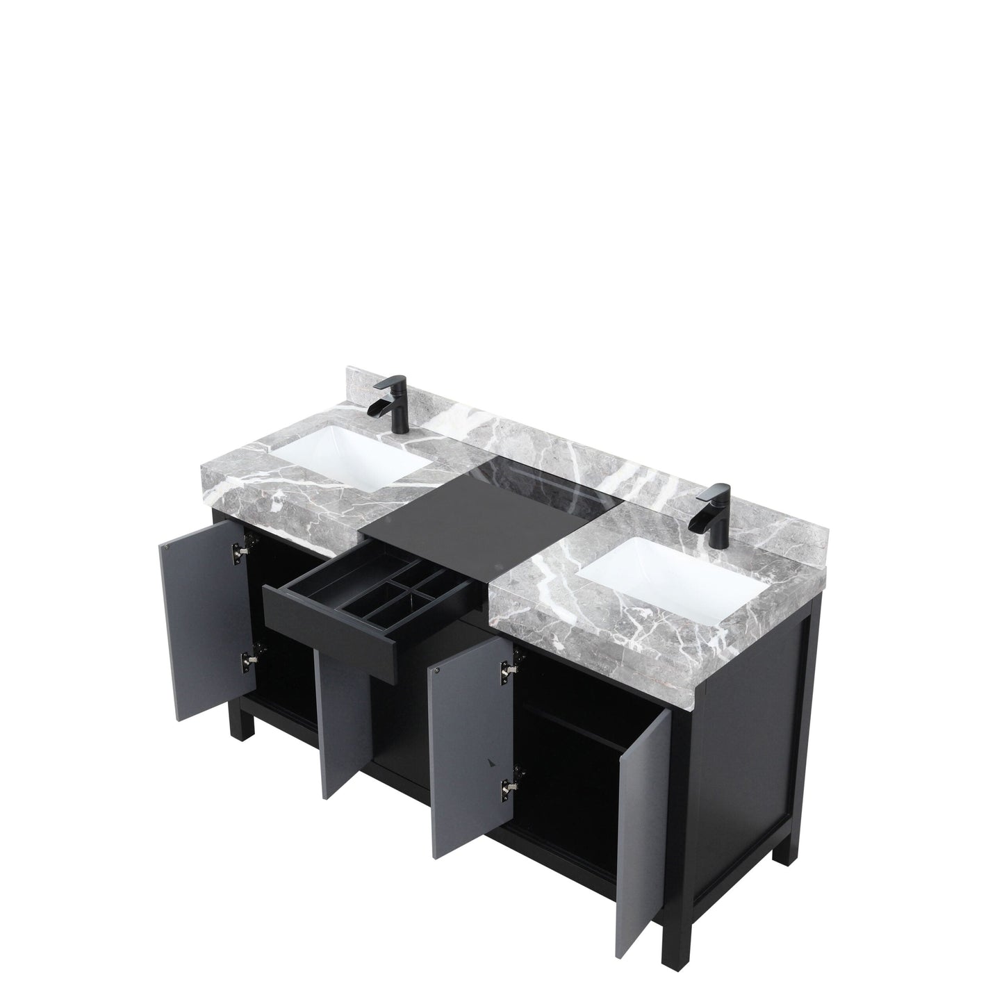 Zilara 60 in. Black and Grey  Freestanding Bathroom Vanity With Castle Grey Marble Tops, White Square Sinks, and Cascata Nera Matte Black Faucet Set