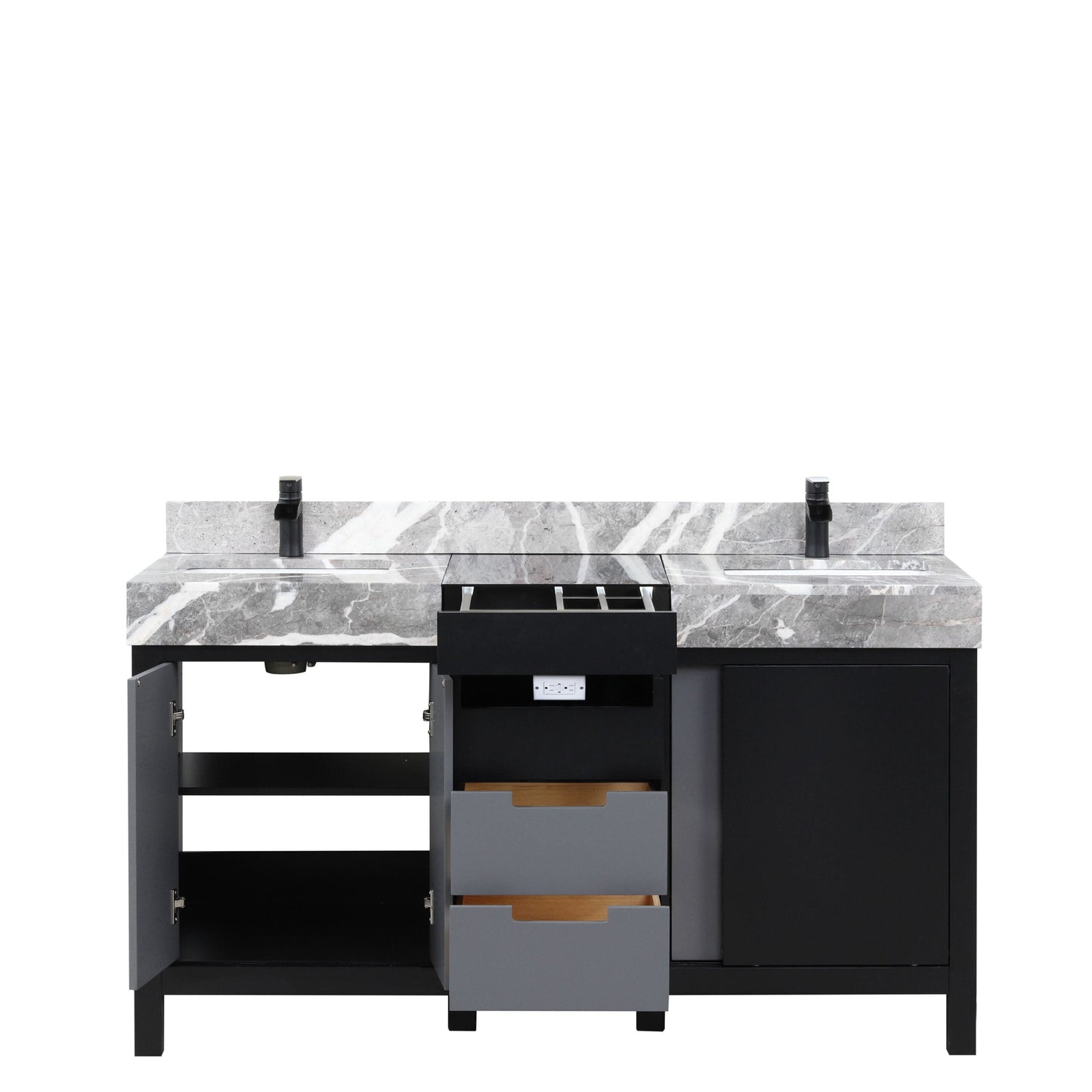 Zilara 60 in. Black and Grey  Freestanding Bathroom Vanity With Castle Grey Marble Tops, White Square Sinks, and Cascata Nera Matte Black Faucet Set
