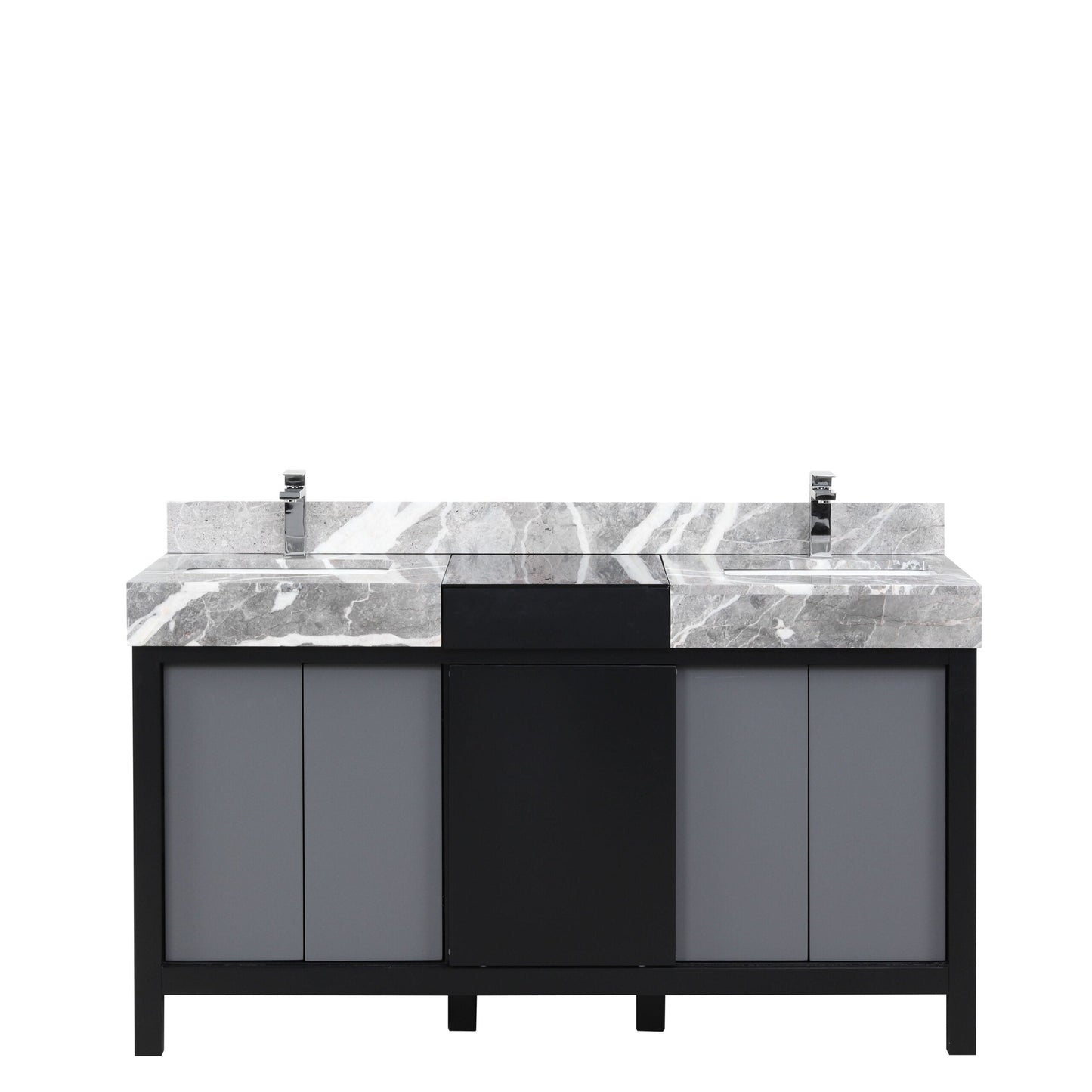 Zilara 60 in. Black and Grey  Freestanding Bathroom Vanity With Castle Grey Marble Tops, White Square Sinks, and Monte Chrome Faucet Set