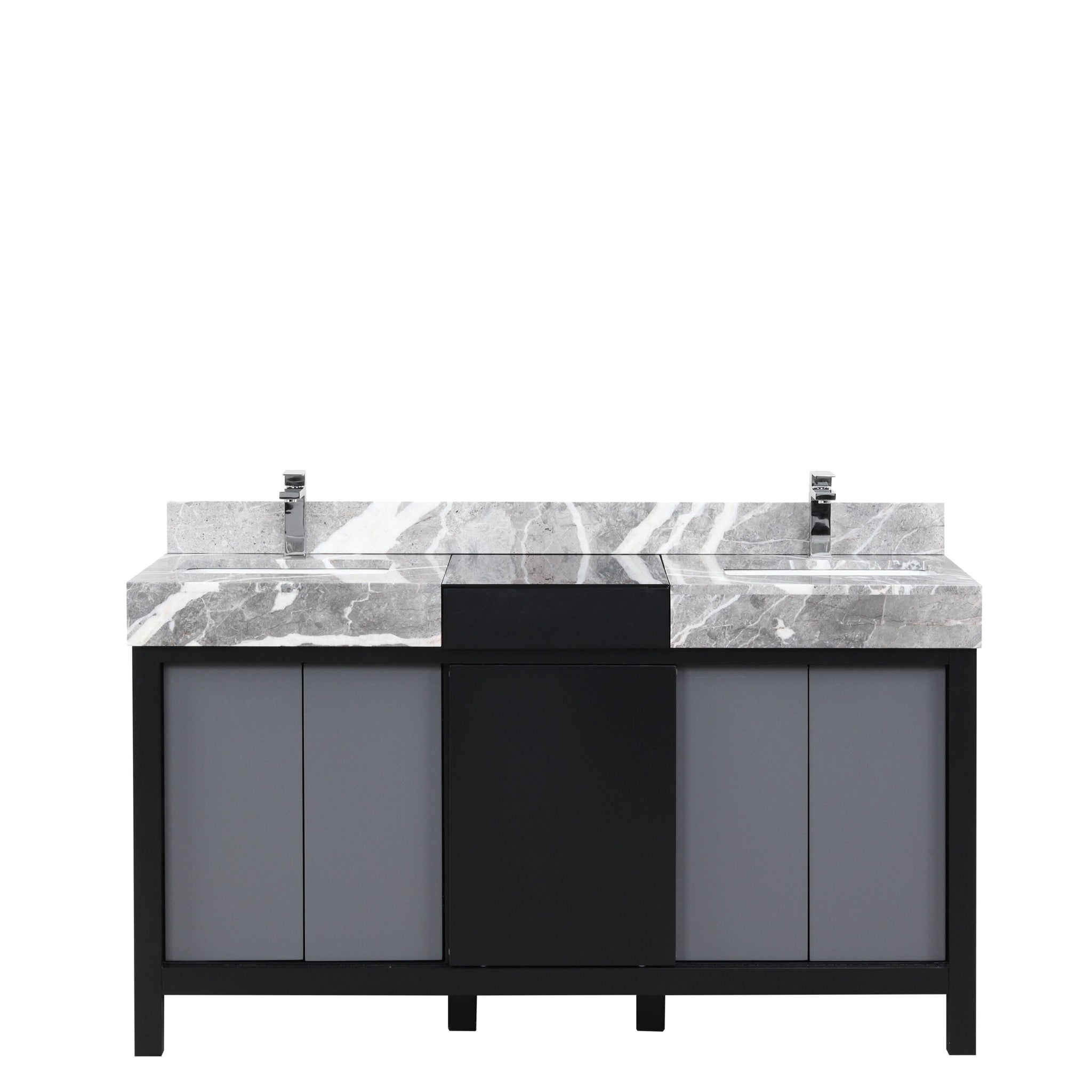 Zilara 60 in. Black and Grey  Freestanding Bathroom Vanity With Castle Grey Marble Tops, White Square Sinks, and Monte Chrome Faucet Set