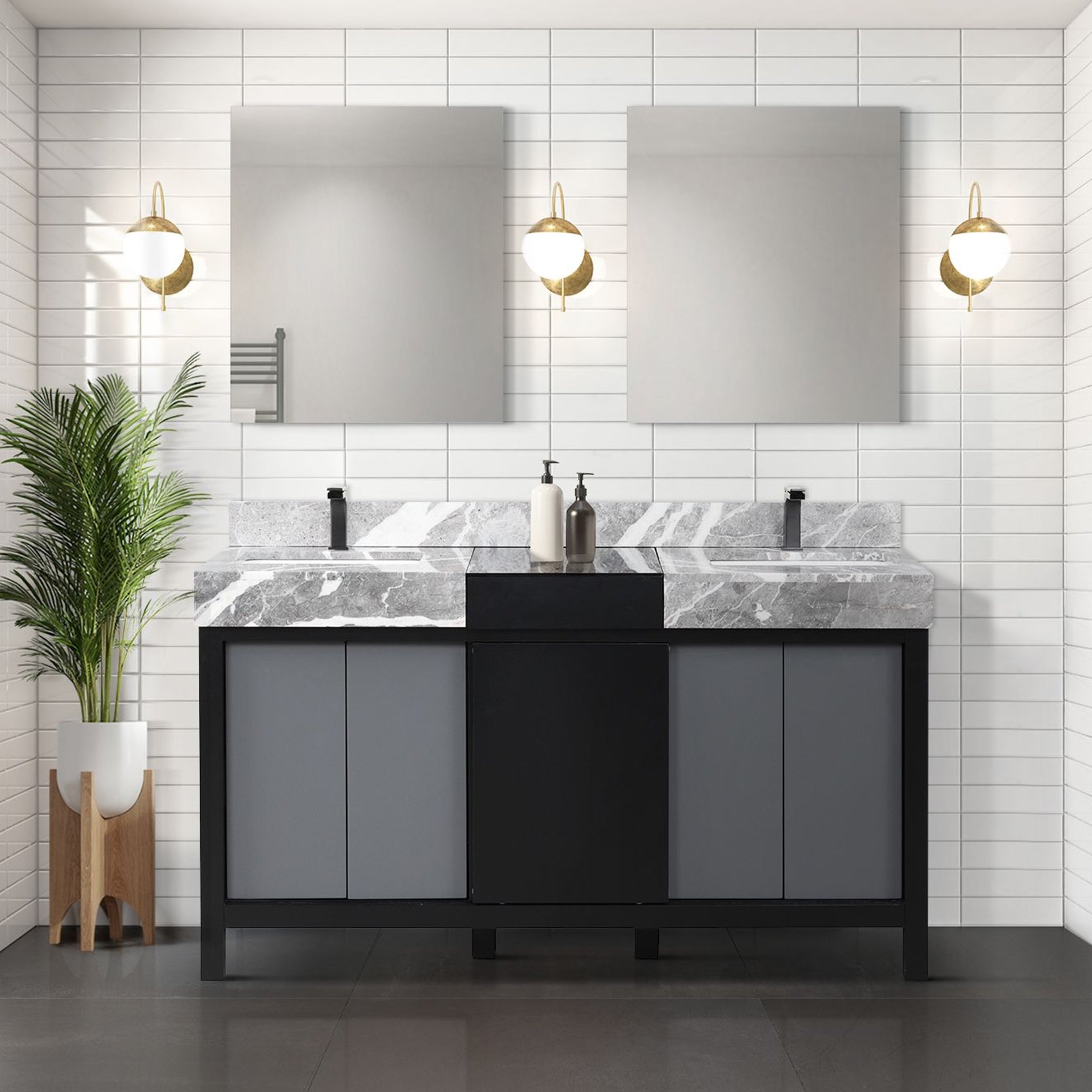Zilara 60 in. Black and Grey  Freestanding Bathroom Vanity With Castle Grey Marble Tops, White Square Sinks, and Balzani Gun Metal Faucet Set