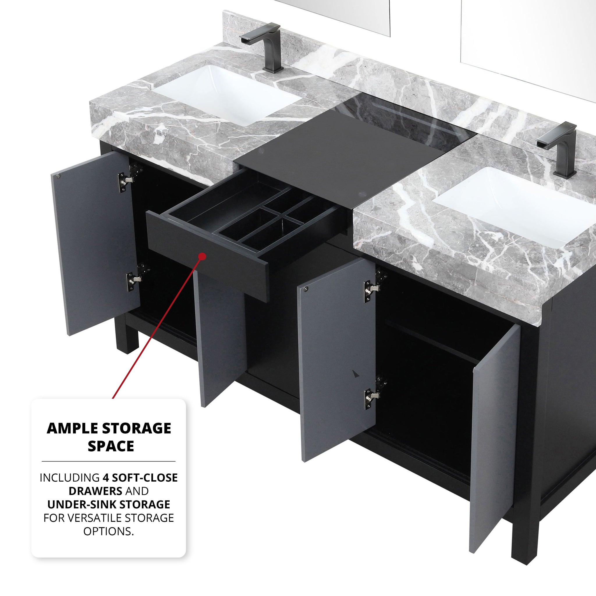Zilara 60 in. Black and Grey  Freestanding Bathroom Vanity With Castle Grey Marble Tops, White Square Sinks, and Balzani Gun Metal Faucet Set