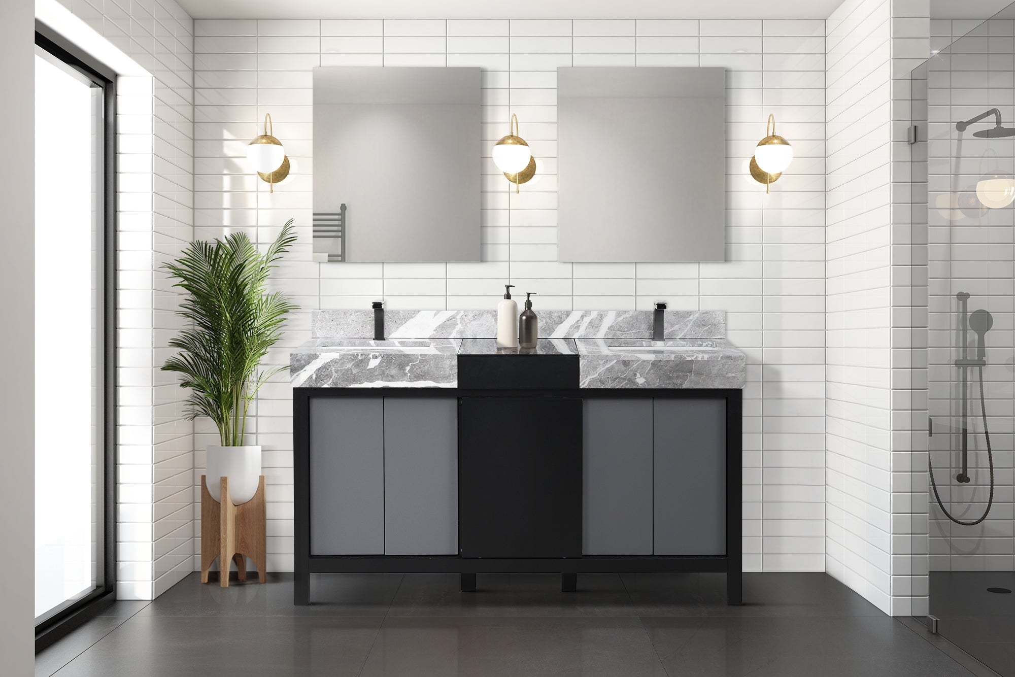 Zilara 60 in. Black and Grey  Freestanding Bathroom Vanity With Castle Grey Marble Tops, White Square Sinks, and Balzani Gun Metal Faucet Set