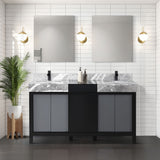 Zilara 60 in. Black and Grey  Freestanding Bathroom Vanity With Castle Grey Marble Tops, White Square Sinks, and Cascata Nera Matte Black Faucet Set