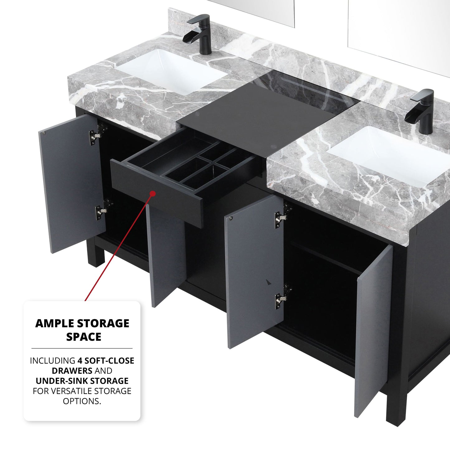 Zilara 60 in. Black and Grey  Freestanding Bathroom Vanity With Castle Grey Marble Tops, White Square Sinks, and Cascata Nera Matte Black Faucet Set