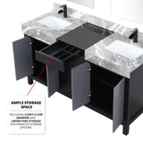 Zilara 60" Black and Grey Double Vanity, Castle Grey Marble Tops, White Square Sinks, Cascata Nera Matte Black Faucet Set, and 28" Frameless Mirrors
