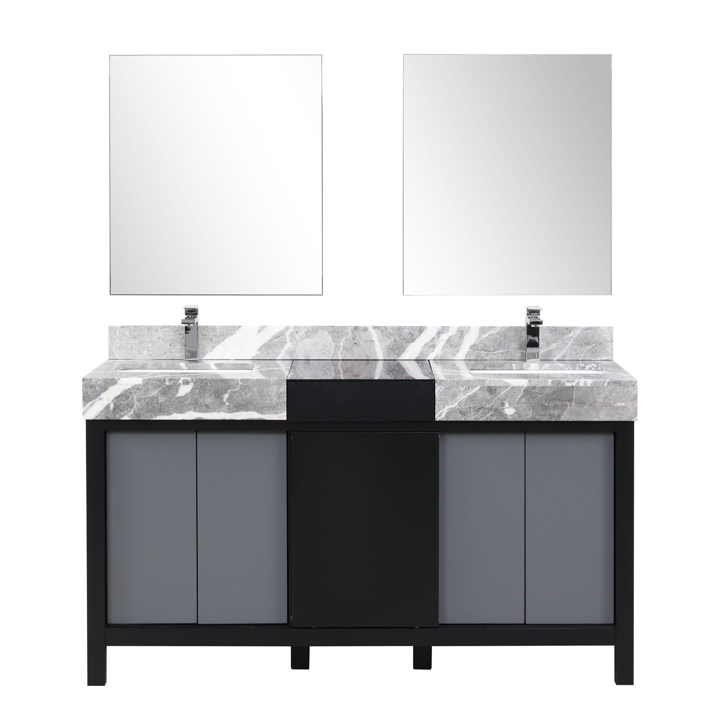 Zilara 60" Black and Grey Double Vanity, Castle Grey Marble Tops, White Square Sinks, Monte Chrome Faucet Set, and 28" Frameless Mirrors