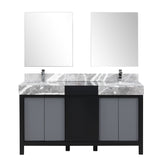 Zilara 60" Black and Grey Double Vanity, Castle Grey Marble Tops, White Square Sinks, Monte Chrome Faucet Set, and 28" Frameless Mirrors
