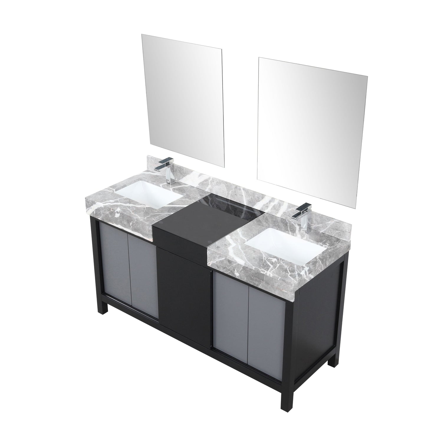 Zilara 60" Black and Grey Double Vanity, Castle Grey Marble Tops, White Square Sinks, Monte Chrome Faucet Set, and 28" Frameless Mirrors