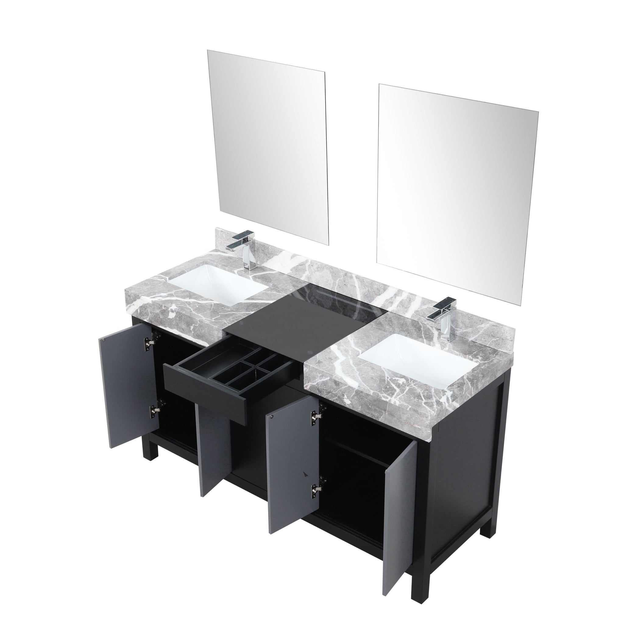 Zilara 60" Black and Grey Double Vanity, Castle Grey Marble Tops, White Square Sinks, Monte Chrome Faucet Set, and 28" Frameless Mirrors