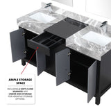 Zilara 60" Black and Grey Double Vanity, Castle Grey Marble Tops, White Square Sinks, Monte Chrome Faucet Set, and 28" Frameless Mirrors