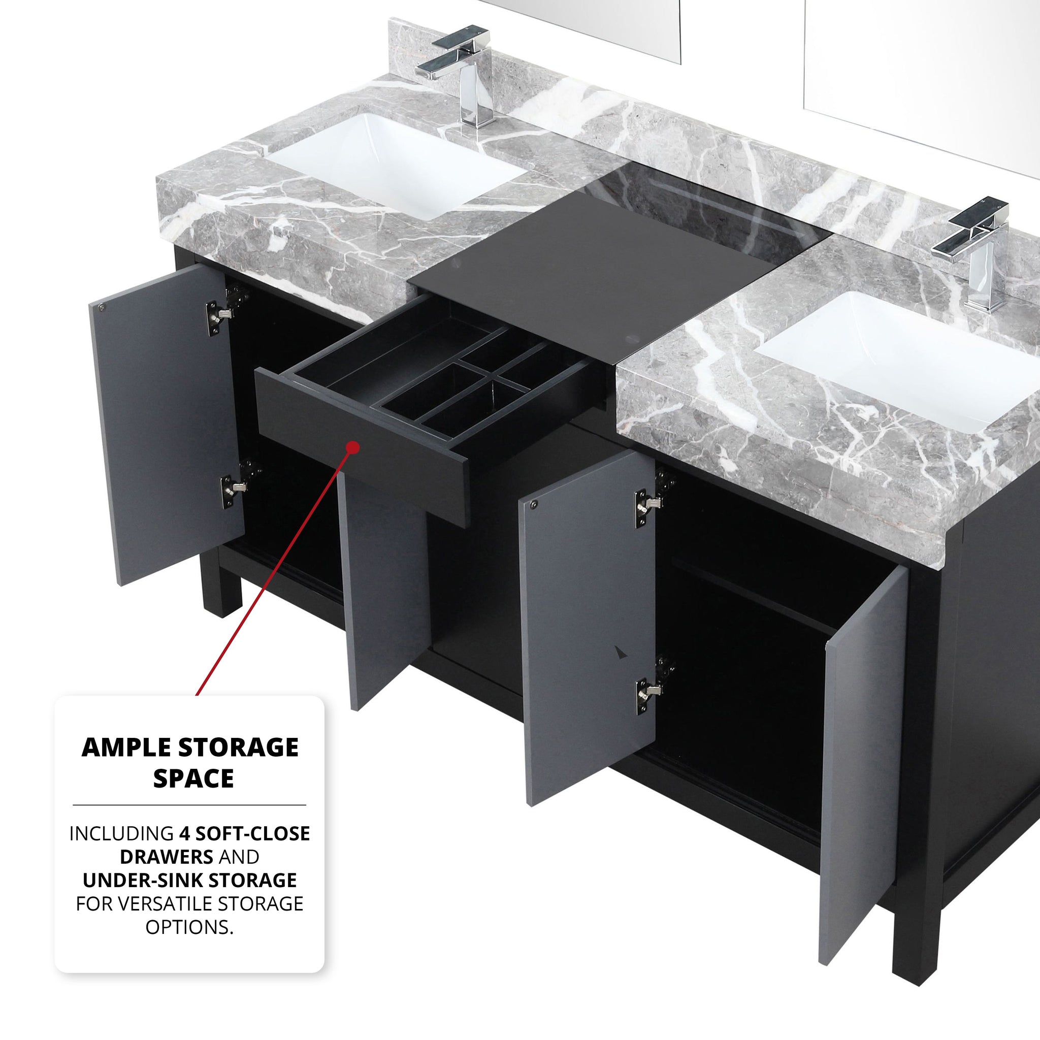Zilara 60" Black and Grey Double Vanity, Castle Grey Marble Tops, White Square Sinks, Monte Chrome Faucet Set, and 28" Frameless Mirrors