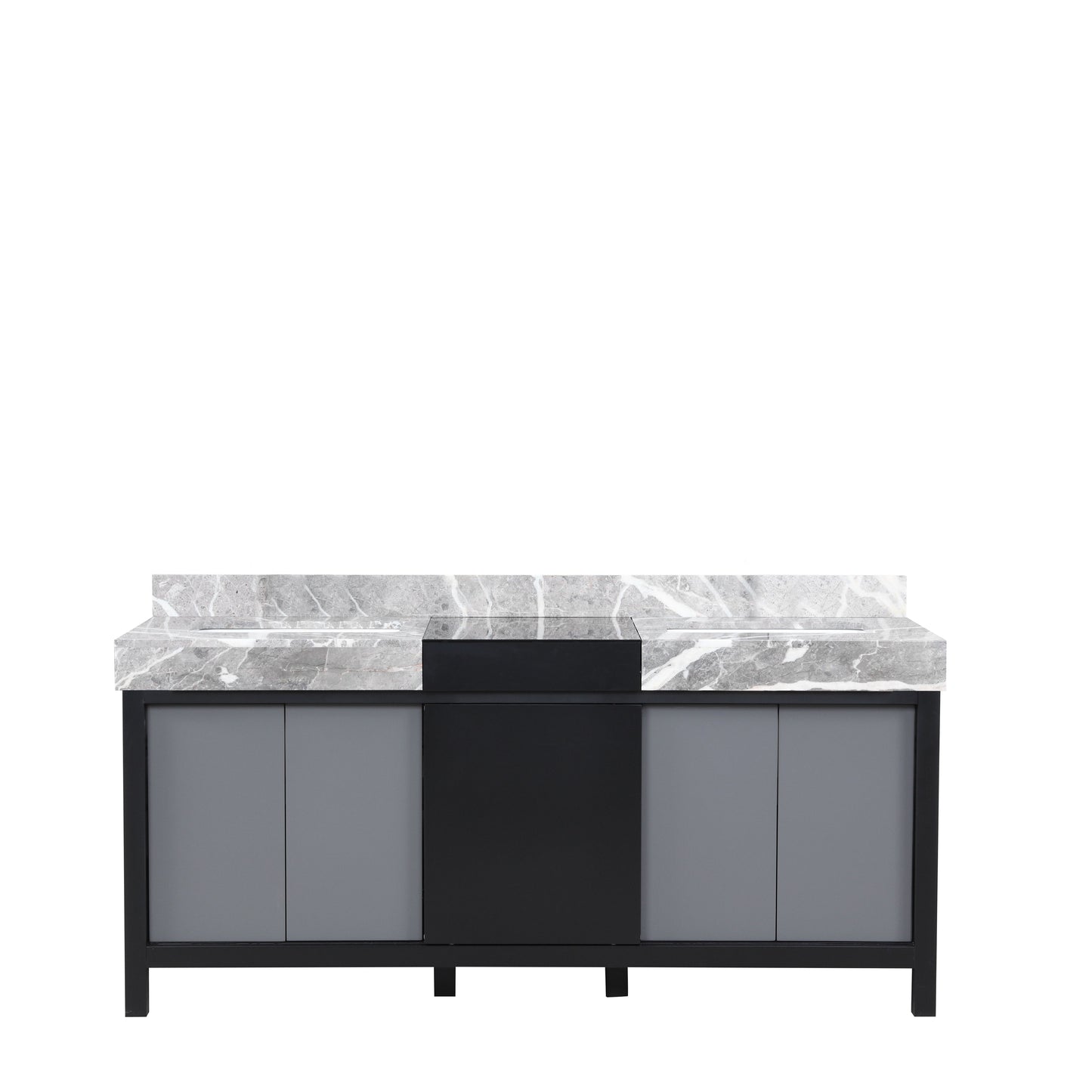 Zilara 72 in. Black and Grey  Freestanding Bathroom Vanity With Castle Grey Marble Tops, and White Square Sinks