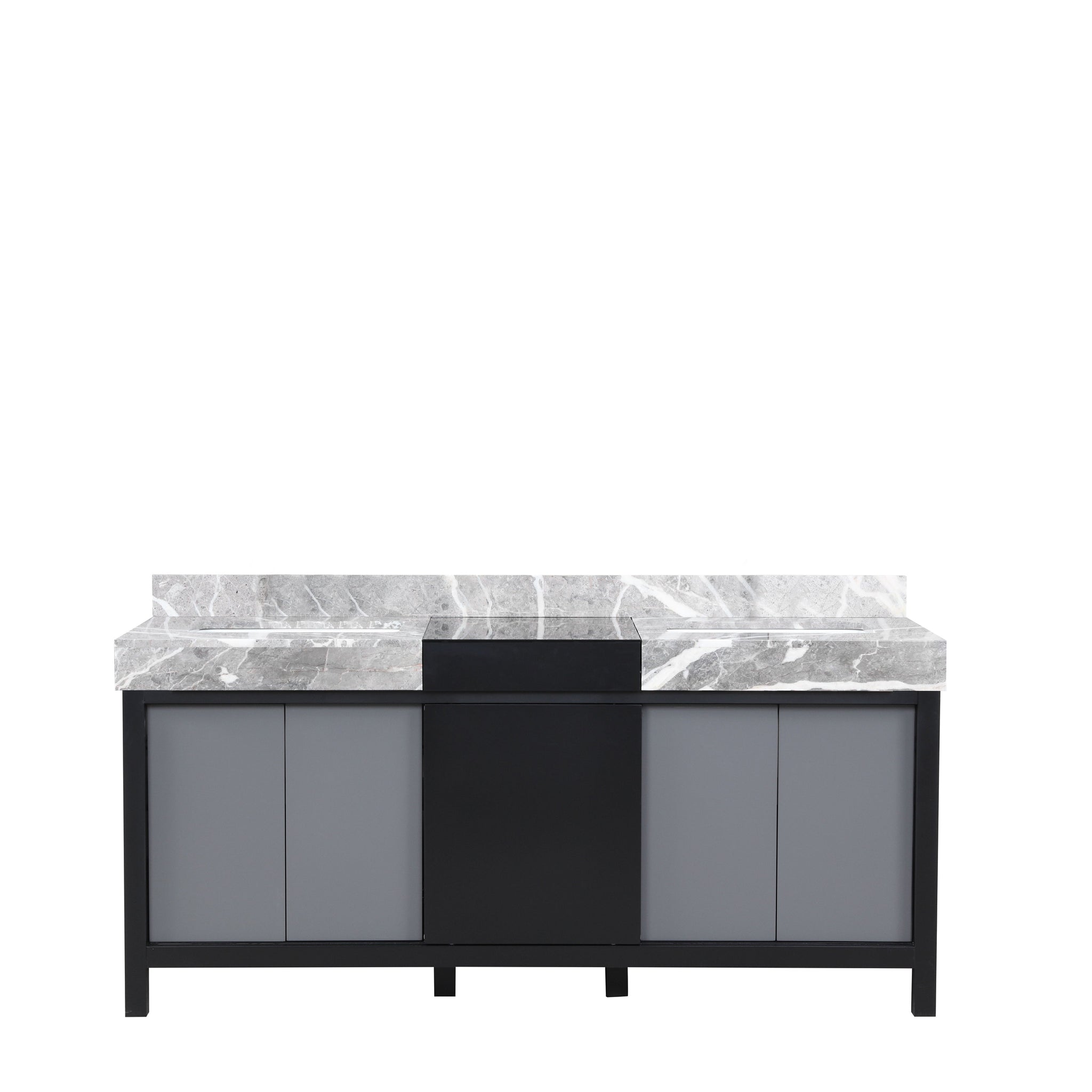 Zilara 72 in. Black and Grey  Freestanding Bathroom Vanity With Castle Grey Marble Tops, and White Square Sinks
