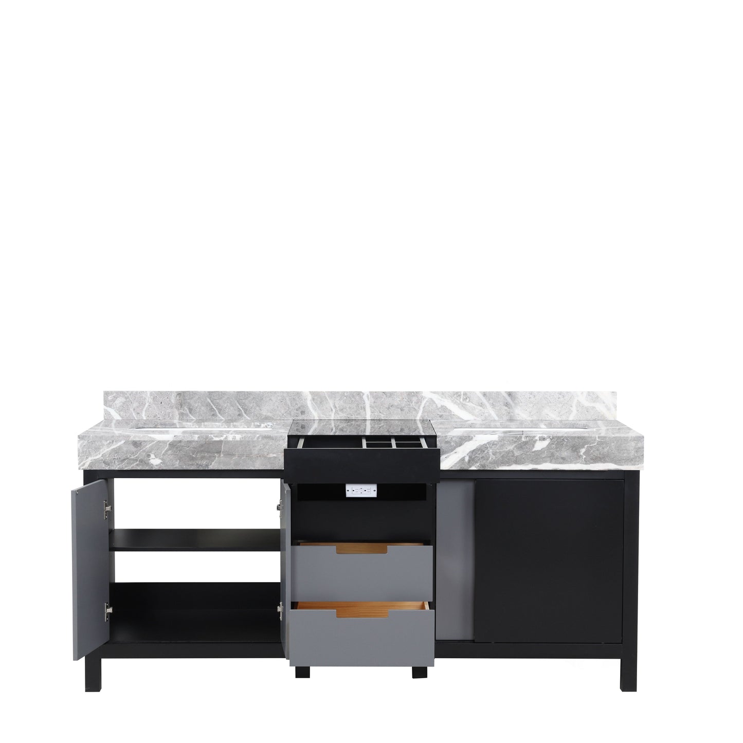 Zilara 72 in. Black and Grey  Freestanding Bathroom Vanity With Castle Grey Marble Tops, and White Square Sinks