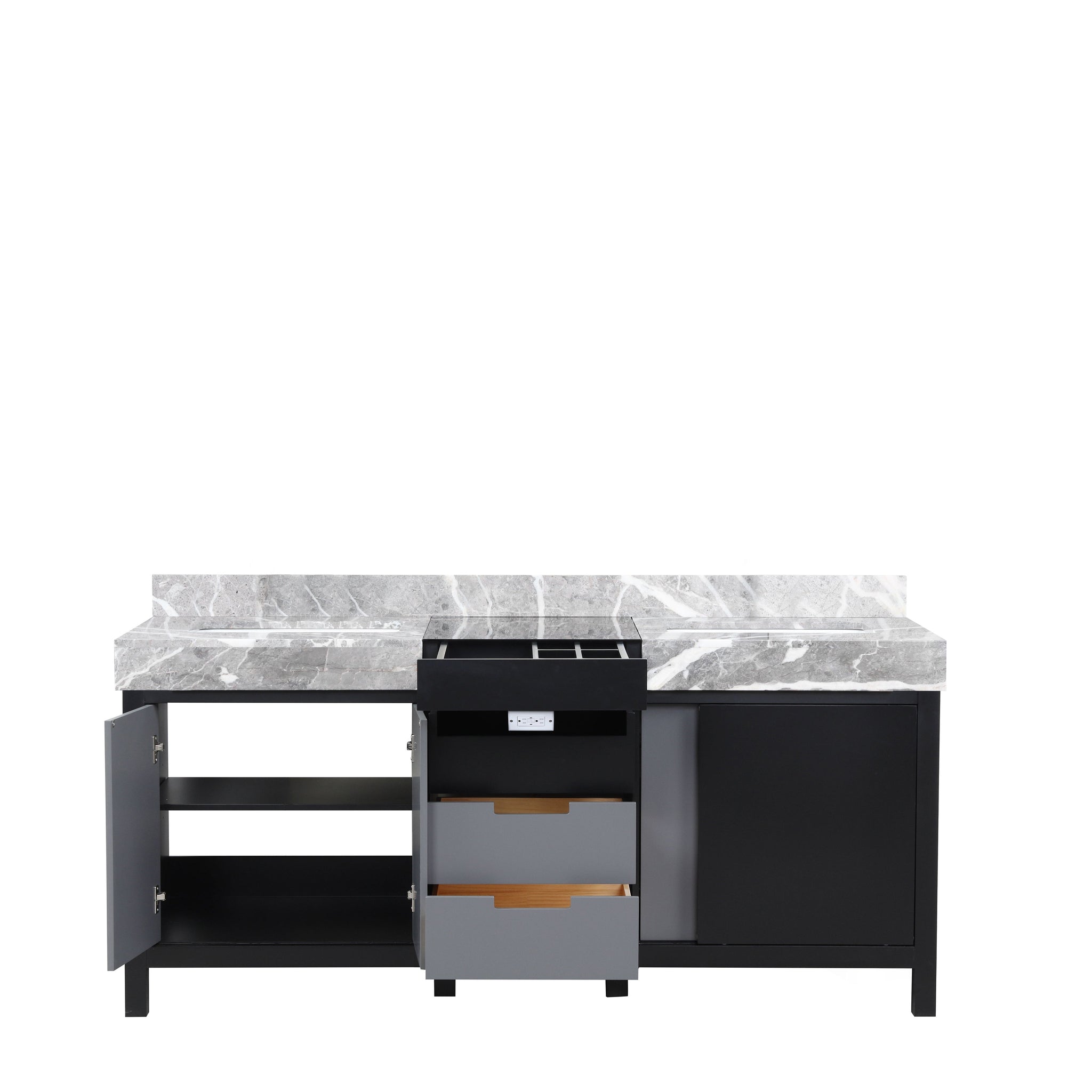 Zilara 72 in. Black and Grey  Freestanding Bathroom Vanity With Castle Grey Marble Tops, and White Square Sinks