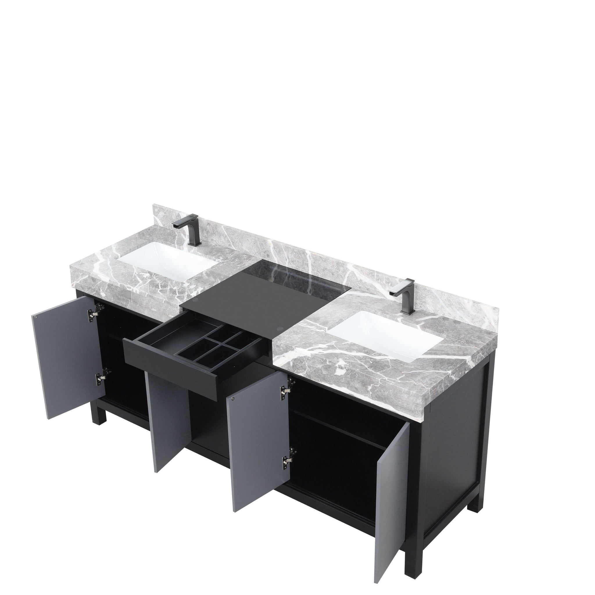 Zilara 72 in. Black and Grey  Freestanding Bathroom Vanity With Castle Grey Marble Tops, White Square Sinks, and Balzani Gun Metal Faucet Set