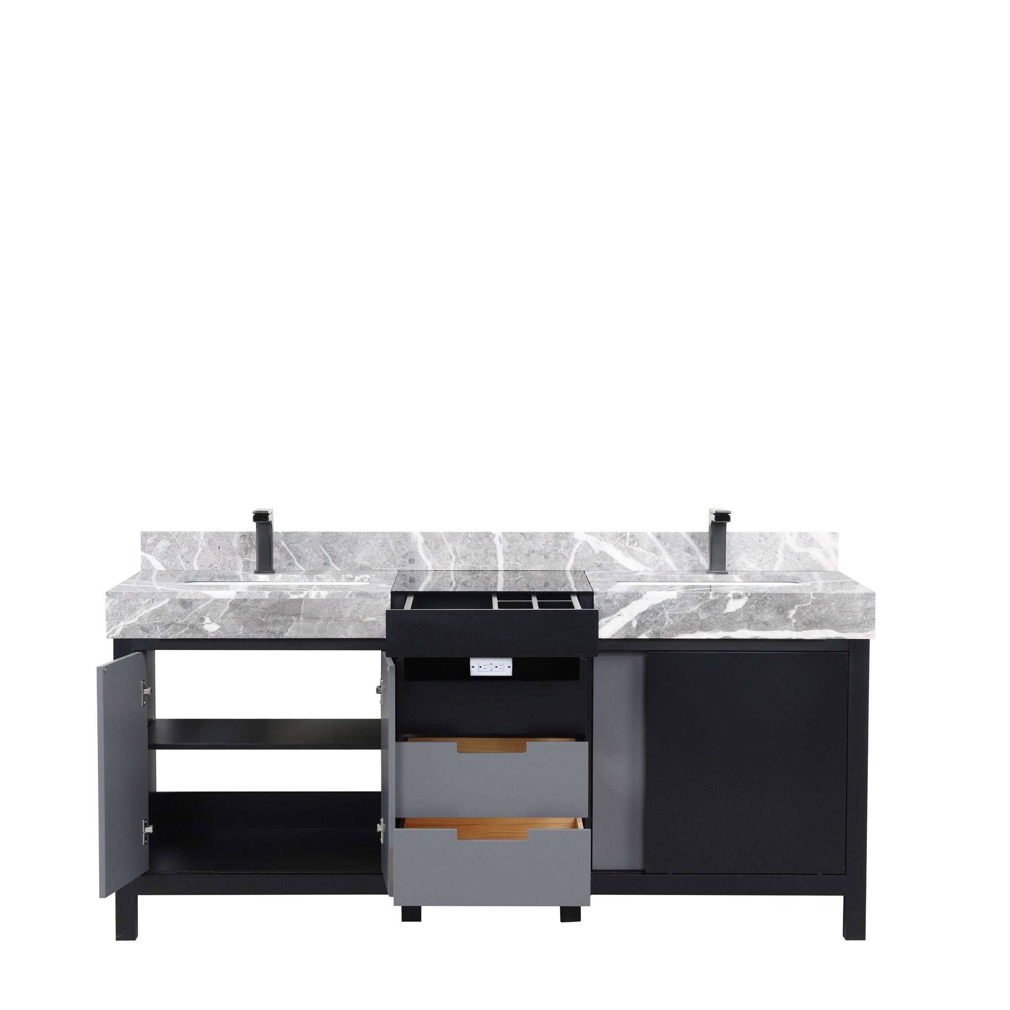 Zilara 72 in. Black and Grey  Freestanding Bathroom Vanity With Castle Grey Marble Tops, White Square Sinks, and Balzani Gun Metal Faucet Set