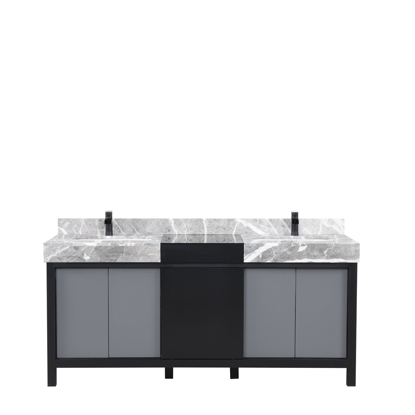 Zilara 72 in. Black and Grey  Freestanding Bathroom Vanity With Castle Grey Marble Tops, White Square Sinks, and Cascata Nera Matte Black Faucet Set
