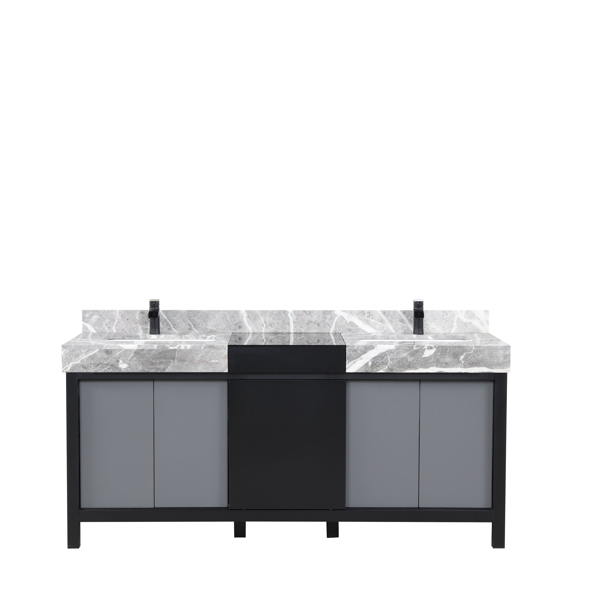 Zilara 72 in. Black and Grey  Freestanding Bathroom Vanity With Castle Grey Marble Tops, White Square Sinks, and Cascata Nera Matte Black Faucet Set